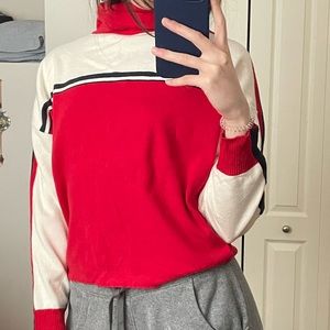 XS/S Red + White Turtleneck Sweater with Navy Stripe